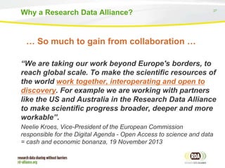 27
“We are taking our work beyond Europe's borders, to
reach global scale. To make the scientific resources of
the world work together, interoperating and open to
discovery. For example we are working with partners
like the US and Australia in the Research Data Alliance
to make scientific progress broader, deeper and more
workable”.
Neelie Kroes, Vice-President of the European Commission
responsible for the Digital Agenda - Open Access to science and data
= cash and economic bonanza, 19 November 2013
Why a Research Data Alliance?
… So much to gain from collaboration …
 