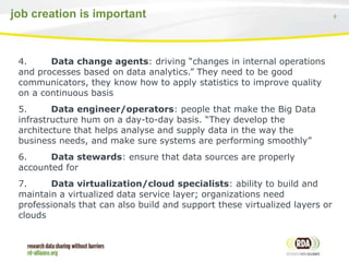 8job creation is important
4. Data change agents: driving “changes in internal operations
and processes based on data analytics.” They need to be good
communicators, they know how to apply statistics to improve quality
on a continuous basis
5. Data engineer/operators: people that make the Big Data
infrastructure hum on a day-to-day basis. “They develop the
architecture that helps analyse and supply data in the way the
business needs, and make sure systems are performing smoothly”
6. Data stewards: ensure that data sources are properly
accounted for
7. Data virtualization/cloud specialists: ability to build and
maintain a virtualized data service layer; organizations need
professionals that can also build and support these virtualized layers or
clouds
 