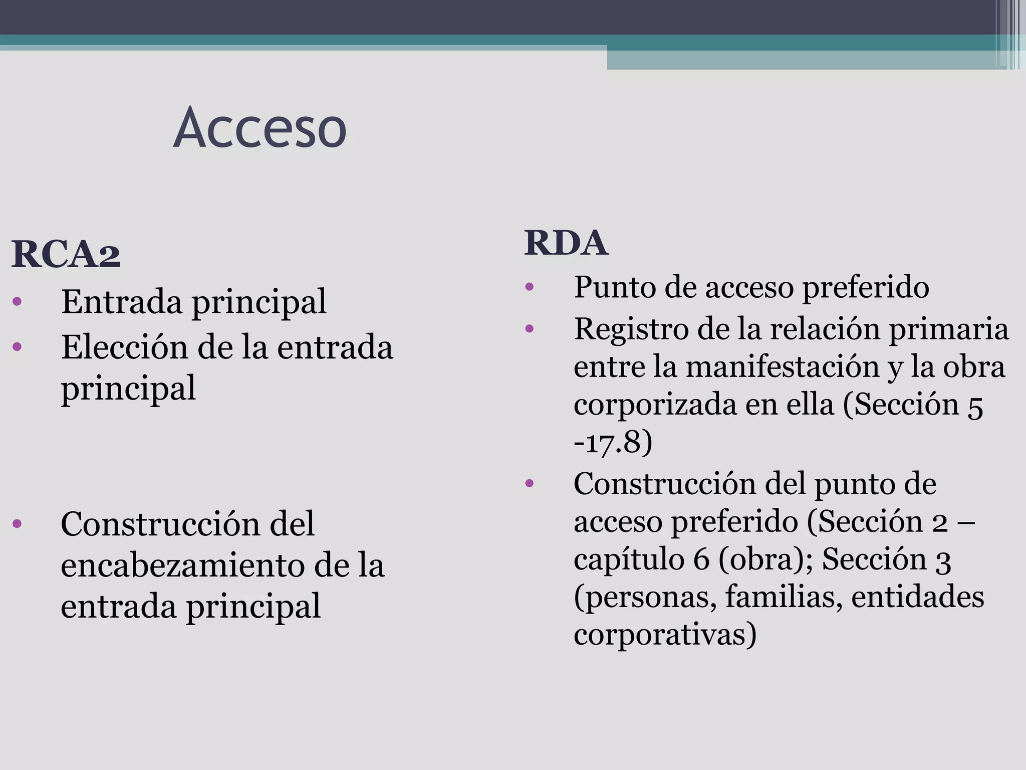 Acceso

RCA2                         RDA
•                            •   Punto de acceso preferido
    Entrada principal
                             •   Registro de la relación primaria
•   Elección de la entrada
                                 entre la manifestación y la obra
    principal                    corporizada en ella (Sección 5
                                 -17.8)
                             •   Construcción del punto de
•   Construcción del             acceso preferido (Sección 2 –
    encabezamiento de la         capítulo 6 (obra); Sección 3
    entrada principal            (personas, familias, entidades
                                 corporativas)
 