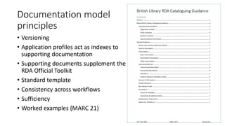 Documentation model
principles
• Versioning
• Application profiles act as indexes to
supporting documentation
• Supporting documents supplement the
RDA Official Toolkit
• Standard template
• Consistency across workflows
• Sufficiency
• Worked examples (MARC 21)
 