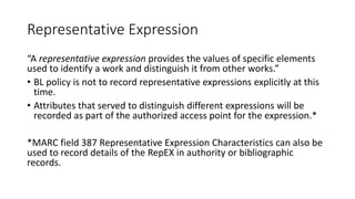 Representative Expression
“A representative expression provides the values of specific elements
used to identify a work and distinguish it from other works.”
• BL policy is not to record representative expressions explicitly at this
time.
• Attributes that served to distinguish different expressions will be
recorded as part of the authorized access point for the expression.*
*MARC field 387 Representative Expression Characteristics can also be
used to record details of the RepEX in authority or bibliographic
records.
 