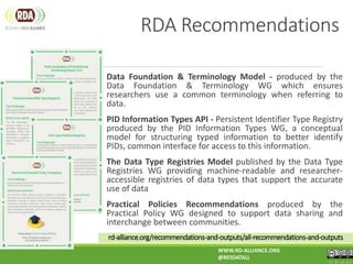 rd-alliance.org/recommendations-and-outputs/all-recommendations-and-outputs
Data Foundation & Terminology Model - produced by the
Data Foundation & Terminology WG which ensures
researchers use a common terminology when referring to
data.
PID Information Types API - Persistent Identifier Type Registry
produced by the PID Information Types WG, a conceptual
model for structuring typed information to better identify
PIDs, common interface for access to this information.
The Data Type Registries Model published by the Data Type
Registries WG providing machine-readable and researcher-
accessible registries of data types that support the accurate
use of data
Practical Policies Recommendations produced by the
Practical Policy WG designed to support data sharing and
interchange between communities.
RDA Recommendations
WWW.RD-ALLIANCE.ORG
@RESDATALL
CC BY-SA 4.0
 
