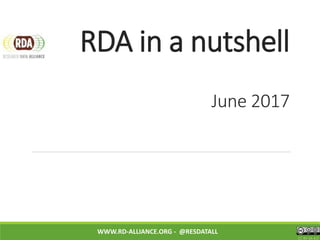 RDA in a nutshell
June 2017
WWW.RD-ALLIANCE.ORG - @RESDATALL
CC BY-SA 4.0
 