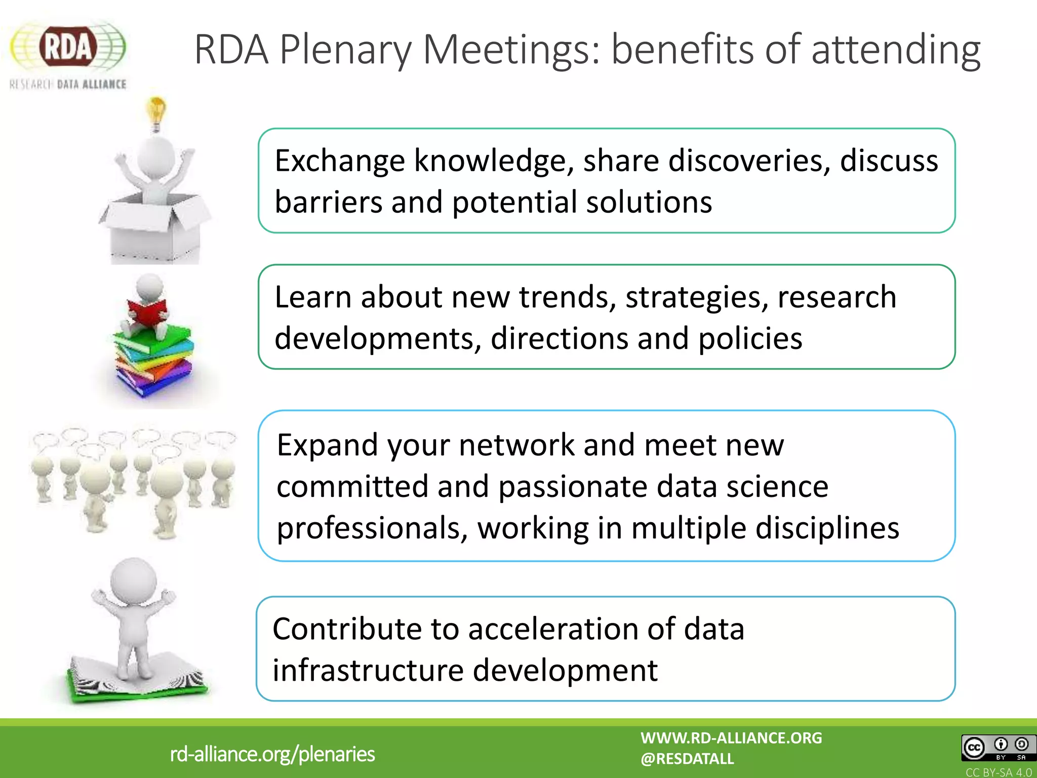 RDA Plenary Meetings: benefits of attending
Exchange knowledge, share discoveries, discuss
barriers and potential solutions
Expand your network and meet new
committed and passionate data science
professionals, working in multiple disciplines
Contribute to acceleration of data
infrastructure development
Learn about new trends, strategies, research
developments, directions and policies
WWW.RD-ALLIANCE.ORG
@RESDATALL
CC BY-SA 4.0
rd-alliance.org/plenaries
 