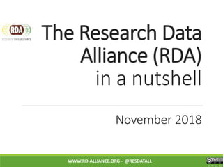 The Research Data
Alliance (RDA)
in a nutshell
November 2018
WWW.RD-ALLIANCE.ORG - @RESDATALL
CC BY-SA 4.0
 