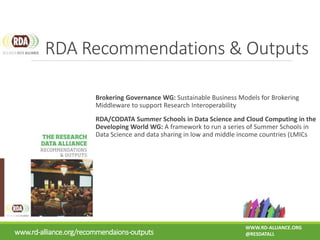 Brokering Governance WG: Sustainable Business Models for Brokering
Middleware to support Research Interoperability
RDA/CODATA Summer Schools in Data Science and Cloud Computing in the
Developing World WG: A framework to run a series of Summer Schools in
Data Science and data sharing in low and middle income countries (LMICs
RDA Recommendations & Outputs
www.rd-alliance.org/recommendaions-outputs
WWW.RD-ALLIANCE.ORG
@RESDATALL
 