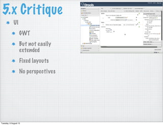 5.x Critique
UI
GWT
But not easily
extended
Fixed layouts
No perspectives
Tuesday, 6 August 13
 