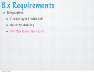 6.x Requirements
Perspectives
Flexible layout with DnD
Security visibility.
Multiple layout managers
Tuesday, 6 August 13
 