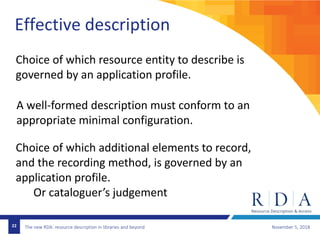 The new RDA: resource description in libraries and beyond November 5, 201822
Effective description
Choice of which resource entity to describe is
governed by an application profile.
A well-formed description must conform to an
appropriate minimal configuration.
Choice of which additional elements to record,
and the recording method, is governed by an
application profile.
Or cataloguer’s judgement
 