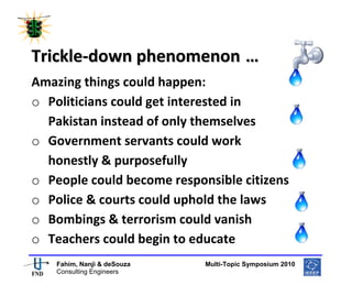  
 




Trickle‐down phenomenon  …                      



Amazing things could happen: 
o Politicians could get interested in 
  Pakistan instead of only themselves 
o Government servants could work                     
  honestly & purposefully 
o People could become responsible citizens 
o Police & courts could uphold the laws 
o Bombings & terrorism could vanish 
o Teachers could begin to educate 
                                                        
    Fahim, Nanji & deSouza           Multi-Topic Symposium 2010
    Consulting Engineers
 