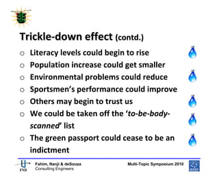  
 




Trickle‐down effect (contd.) 
o Literacy levels could begin to rise 
o Population increase could get smaller 
o Environmental problems could reduce 
o Sportsmen’s performance could improve 
o Others may begin to trust us 
o We could be taken off the ‘to‐be‐body‐
  scanned’ list  
o The green passport could cease to be an 
  indictment 
                                                      
    Fahim, Nanji & deSouza           Multi-Topic Symposium 2010
    Consulting Engineers
 