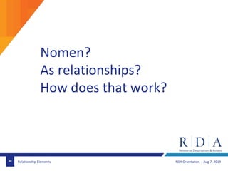 RDA Orientation – Aug 7, 201938 Relationship Elements
Nomen?
As relationships?
How does that work?
 