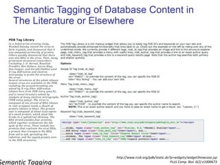 Semantic Tagging of Database Content in The Literature or Elsewhere http://www.rcsb.org/pdb/static.do?p=widgets/widgetShowcase.jsp PLoS Comp. Biol. 6(2) e1000673 Semantic Tagging 