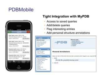PDBMobile Access to saved queries  Add/delete queries  Flag interesting entries Add personal structure annotations Tight Integration with MyPDB 