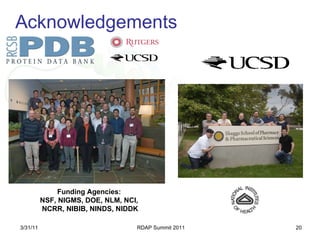 Acknowledgements Funding Agencies:  NSF, NIGMS, DOE, NLM, NCI,  NCRR, NIBIB, NINDS, NIDDK 3/31/11 RDAP Summit 2011 