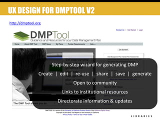 UX DESIGN FOR DMPTOOL V2
Step-by-step wizard for generating DMP
Create | edit | re-use | share | save | generate
Open to community
Links to institutional resources
Directorate information & updates
http://dmptool.org
 