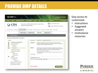 PROVIDE DMP DETAILS
Easy access to
customized
• Instructions
• Suggested
answers
• Institutional
resources
 
