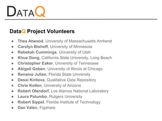 ● Thea Atwood, University of Massachusetts Amherst
● Carolyn Bishoff, University of Minnesota
● Rebekah Cummings, University of Utah
● Khue Dong, California State University, Long Beach
● Christopher Eaker, University of Tennessee
● Abigail Goben, University of Illinois at Chicago
● Renaine Julian, Florida State University
● Dessi Kirilova, Qualitative Data Repository
● Chris Kollen, University of Arizona
● Robert Olendorf, Los Alamos National Laboratory
● Laura Palumbo, Rutgers University
● Robert Sippel, Florida Institute of Technology
● Dan Valen, Figshare
DataQ Project Volunteers
 