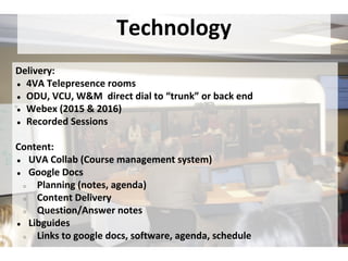 Technology
Delivery:
● 4VA Telepresence rooms
● ODU, VCU, W&M direct dial to “trunk” or back end
● Webex (2015 & 2016)
● Recorded Sessions
Content:
● UVA Collab (Course management system)
● Google Docs
○ Planning (notes, agenda)
○ Content Delivery
○ Question/Answer notes
● Libguides
○ Links to google docs, software, agenda, schedule
 