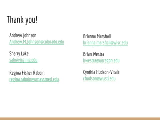 Thank you!
Andrew Johnson
Andrew.M.Johnson@colorado.edu
Sherry Lake
sah@virginia.edu
Regina Fisher Raboin
regina.raboin@umassmed.edu
Brianna Marshall
brianna.marshall@wisc.edu
Brian Westra
bwestra@uoregon.edu
Cynthia Hudson-Vitale
chudson@wustl.edu
 