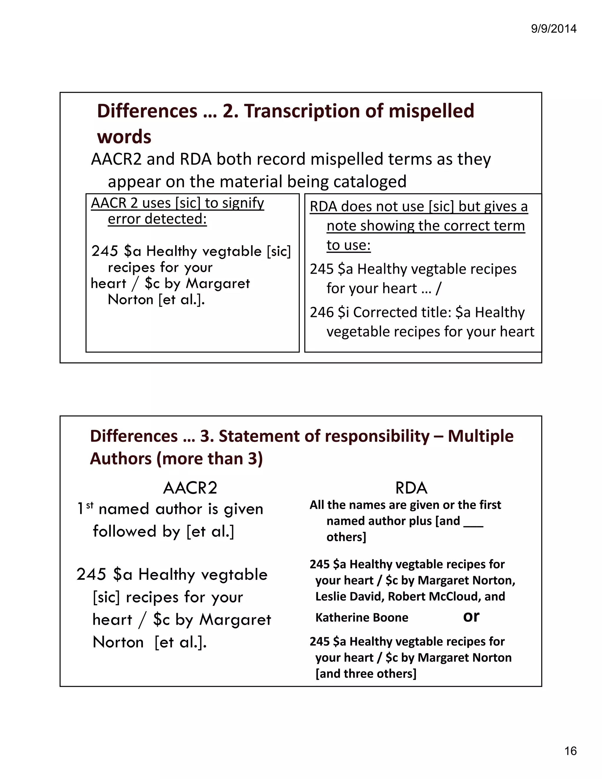 9/9/2014 
16 
Differences!…!2.!Transcription!of!mispelled 
words 
AACR2!and!RDA!both!record!mispelled terms!as!they! 
appear!on!the!material!being!cataloged 
AACR!2!uses![sic]!to!signify! 
error!detected:! 
245 $a Healthy vegtable [sic] 
recipes for your 
heart / $c by Margaret 
Norton [et al.]. 
RDA!does!not!use![sic]!but!gives!a! 
note!showing!the!correct!term! 
to!use: 
245!$a!Healthy!vegtable recipes! 
for!your!heart!…!/ 
246!$i Corrected!title:!$a!Healthy! 
vegetable!recipes!for!your!heart 
Differences!…!3.!Statement!of!responsibility!– Multiple! 
Authors!(more!than!3) 
AACR2 
1st named author is given 
followed by [et al.] 
245 $a Healthy vegtable 
[sic] recipes for your 
heart / $c by Margaret 
Norton [et al.]. 
RDA 
All!the!names!are!given!or!the!first! 
named!author!plus![and!___! 
others] 
245!$a!Healthy!vegtable recipes!for! 
your!heart!/!$c!by!Margaret!Norton,! 
Leslie!David,!Robert!McCloud,!and! 
Katherine!Boone!!!!!!!!!!!!!!!!!!or 
245!$a!Healthy!vegtable recipes!for! 
your!heart!/!$c!by!Margaret!Norton! 
[and!three!others] 
 