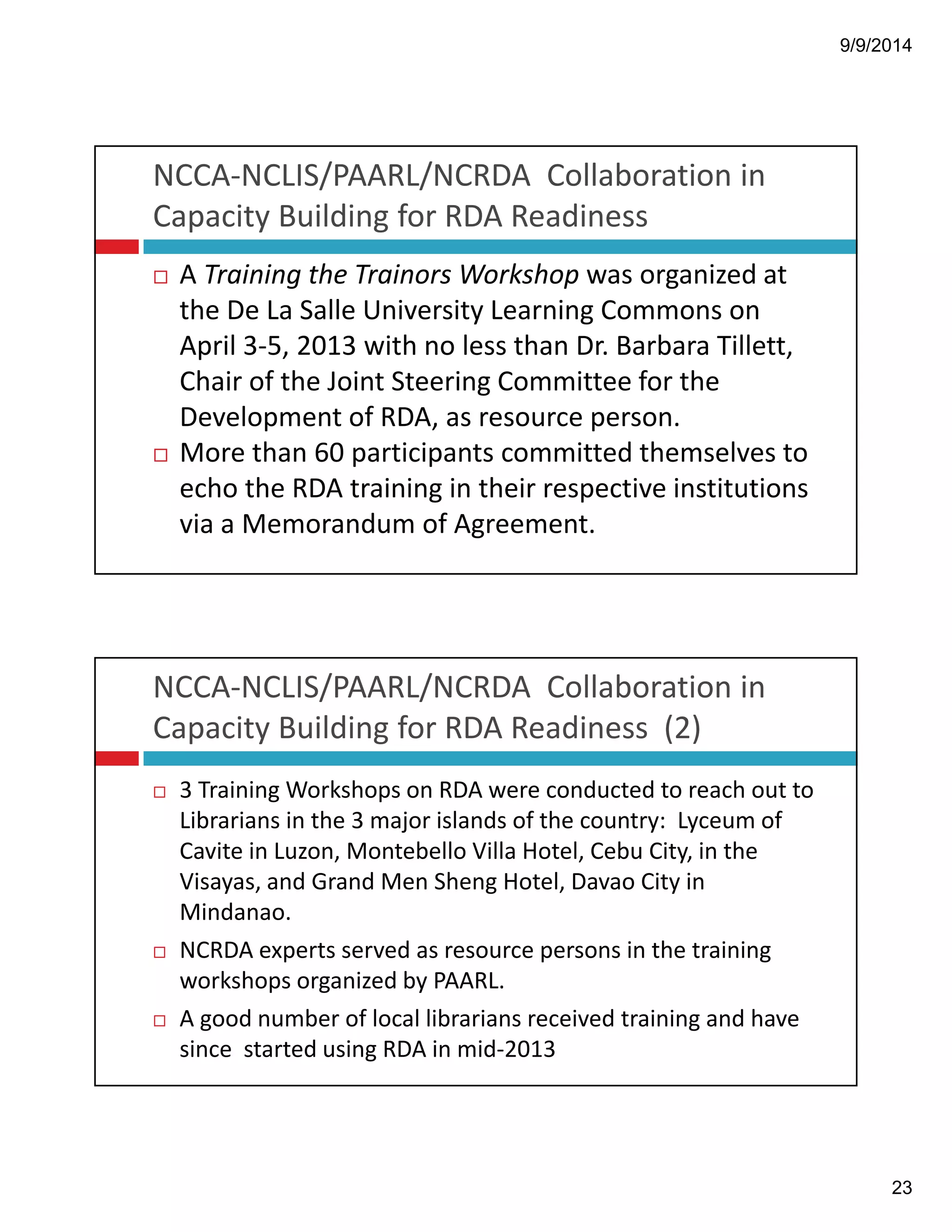 9/9/2014 
23 
NCCA"NCLIS/PAARL/NCRDA!!Collaboration!in! 
Capacity!Building!for!RDA!Readiness 
! A!Training!the!TrainorsWorkshop!was!organized!at! 
the!De!La!Salle!University!Learning!Commons!on!! 
April!3"5,!2013!with!no!less!than!Dr.!Barbara!Tillett,! 
Chair!of!the!Joint!Steering!Committee!for!the! 
Development!of!RDA,!as!resource!person.! 
! More!than!60!participants!committed!themselves!to! 
echo!the!RDA!training!in!their!respective!institutions! 
via!a!Memorandum!of!Agreement. 
NCCA"NCLIS/PAARL/NCRDA!!Collaboration!in! 
Capacity!Building!for!RDA!Readiness!!(2) 
! 3!Training!Workshops!on!RDA!were!conducted!to!reach!out!to! 
Librarians!in!the!3!major!islands!of!the!country:!!Lyceum!of! 
Cavite!in!Luzon,!Montebello!Villa!Hotel,!Cebu!City,!in!the! 
Visayas,!and!Grand!Men!Sheng Hotel,!Davao!City!in! 
Mindanao. 
! NCRDA!experts!served!as!resource!persons!in!the!training! 
workshops!organized!by!PAARL. 
! A!good!number!of!local!librarians!received!training!and!have! 
since!!started!using!RDA!in!mid"2013 
 