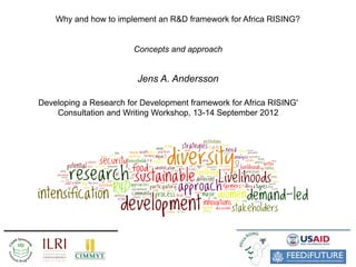 Why and how to implement an R&D framework for Africa RISING?


                        Concepts and approach


                         Jens A. Andersson

Developing a Research for Development framework for Africa RISING'
    Consultation and Writing Workshop, 13-14 September 2012
 