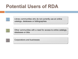 Potential Users of RDA
Library communities who do not currently use an online
catalogs, databases or bibliographies
Other communities with a need for access to online catalogs,
databases or bibs
Corporations and businesses
 