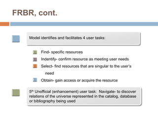 FRBR, cont.
Model identifies and facilitates 4 user tasks:
Find- specific resources
Indentify- confirm resource as meeting user needs
Select- find resources that are singular to the user’s
need
Obtain- gain access or acquire the resource
5th Unofficial (enhancement) user task: Navigate- to discover
relations of the universe represented in the catalog, database
or bibliography being used
 