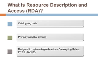 What is Resource Description and
Access (RDA)?
Cataloguing code
Primarily used by libraries
Designed to replace Anglo-American Cataloguing Rules,
2nd Ed (AACR2)
 