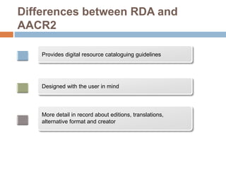 Differences between RDA and
AACR2
Provides digital resource cataloguing guidelines
Designed with the user in mind
More detail in record about editions, translations,
alternative format and creator
 