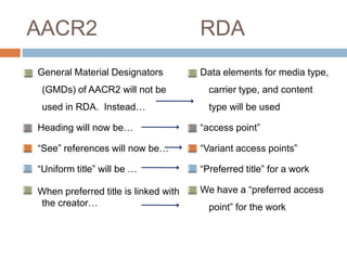 AACR2 RDA
General Material Designators
(GMDs) of AACR2 will not be
used in RDA. Instead…
Heading will now be…
“See” references will now be…
“Uniform title” will be …
When preferred title is linked with
the creator…
Data elements for media type,
carrier type, and content
type will be used
“access point”
“Variant access points”
“Preferred title” for a work
We have a “preferred access
point” for the work
 
