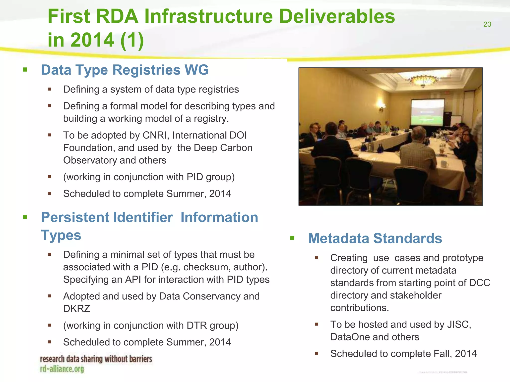 First RDA Infrastructure Deliverables
in 2014 (1)

23

 Data Type Registries WG


Defining a system of data type registries



Defining a formal model for describing types and
building a working model of a registry.



To be adopted by CNRI, International DOI
Foundation, and used by the Deep Carbon
Observatory and others



(working in conjunction with PID group)



Scheduled to complete Summer, 2014

 Persistent Identifier Information
Types


Defining a minimal set of types that must be
associated with a PID (e.g. checksum, author).
Specifying an API for interaction with PID types



Adopted and used by Data Conservancy and
DKRZ



(working in conjunction with DTR group)



 Metadata Standards

Scheduled to complete Summer, 2014



Creating use cases and prototype
directory of current metadata
standards from starting point of DCC
directory and stakeholder
contributions.



To be hosted and used by JISC,
DataOne and others



Scheduled to complete Fall, 2014

 