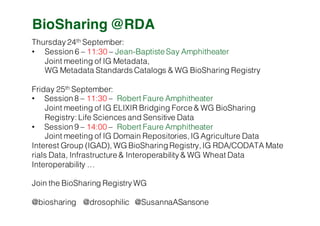 BioSharing @RDA
Thursday 24th September:
• Session 6 – 11:30 – Jean-Baptiste Say Amphitheater
Joint meeting of IG Metadata,
WG Metadata Standards Catalogs & WG BioSharing Registry
Friday 25th September:
• Session 8 – 11:30 – Robert Faure Amphitheater
Joint meeting of IG ELIXIR Bridging Force & WG BioSharing
Registry: Life Sciences and Sensitive Data
• Session 9 – 14:00 – Robert Faure Amphitheater
Joint meeting of IG Domain Repositories, IG Agriculture Data
Interest Group (IGAD), WG BioSharing Registry, IG RDA/CODATA Mate
rials Data, Infrastructure & Interoperability & WG Wheat Data
Interoperability …
Join the BioSharing Registry WG
@biosharing @drosophilic @SusannaASansone
 