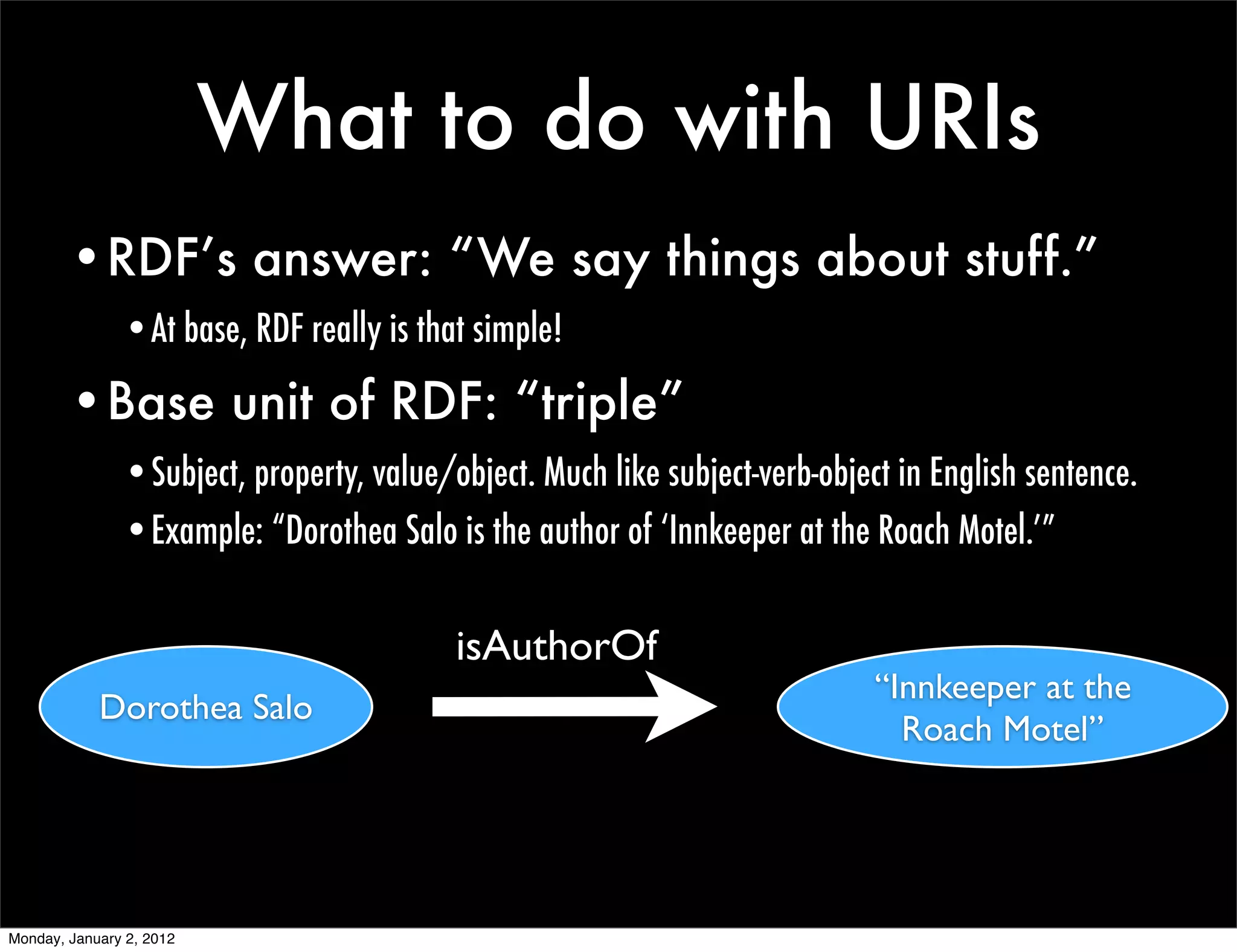 What to do with URIs
        •RDF’s answer: “We say things about stuff.”
               •At base, RDF really is that simple!

        •Base unit of RDF: “triple”
               •Subject, property, value/object. Much like subject-verb-object in English sentence.
               •Example: “Dorothea Salo is the author of ‘Innkeeper at the Roach Motel.’”


                                          isAuthorOf
                                                                             “Innkeeper at the
            Dorothea Salo
                                                                               Roach Motel”




Monday, January 2, 2012
 
