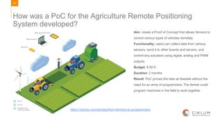 25
How was a PoC for the Agriculture Remote Positioning
System developed?
https://dzone.com/articles/from-farmers-to-programmers
Aim: create a Proof of Concept that allows farmers to
control various types of vehicles remotely
Functionality: users can collect data from various
sensors, send it to other boards and servers, and
control any actuators using digital, analog and PWM
outputs.
Budget: $ 50 K
Duration: 2 months
Result: PoC proved the idea as feasible without the
need for an army of programmers. The farmer could
program machines in the field to work together.
 
