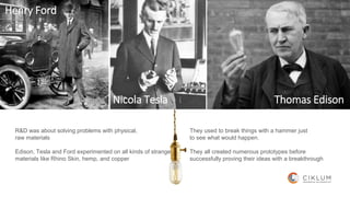 5
Henry Ford
Nicola Tesla Thomas Edison
R&D was about solving problems with physical,
raw materials
Edison, Tesla and Ford experimented on all kinds of strange
materials like Rhino Skin, hemp, and copper
They used to break things with a hammer just
to see what would happen.
They all created numerous prototypes before
successfully proving their ideas with a breakthrough
 