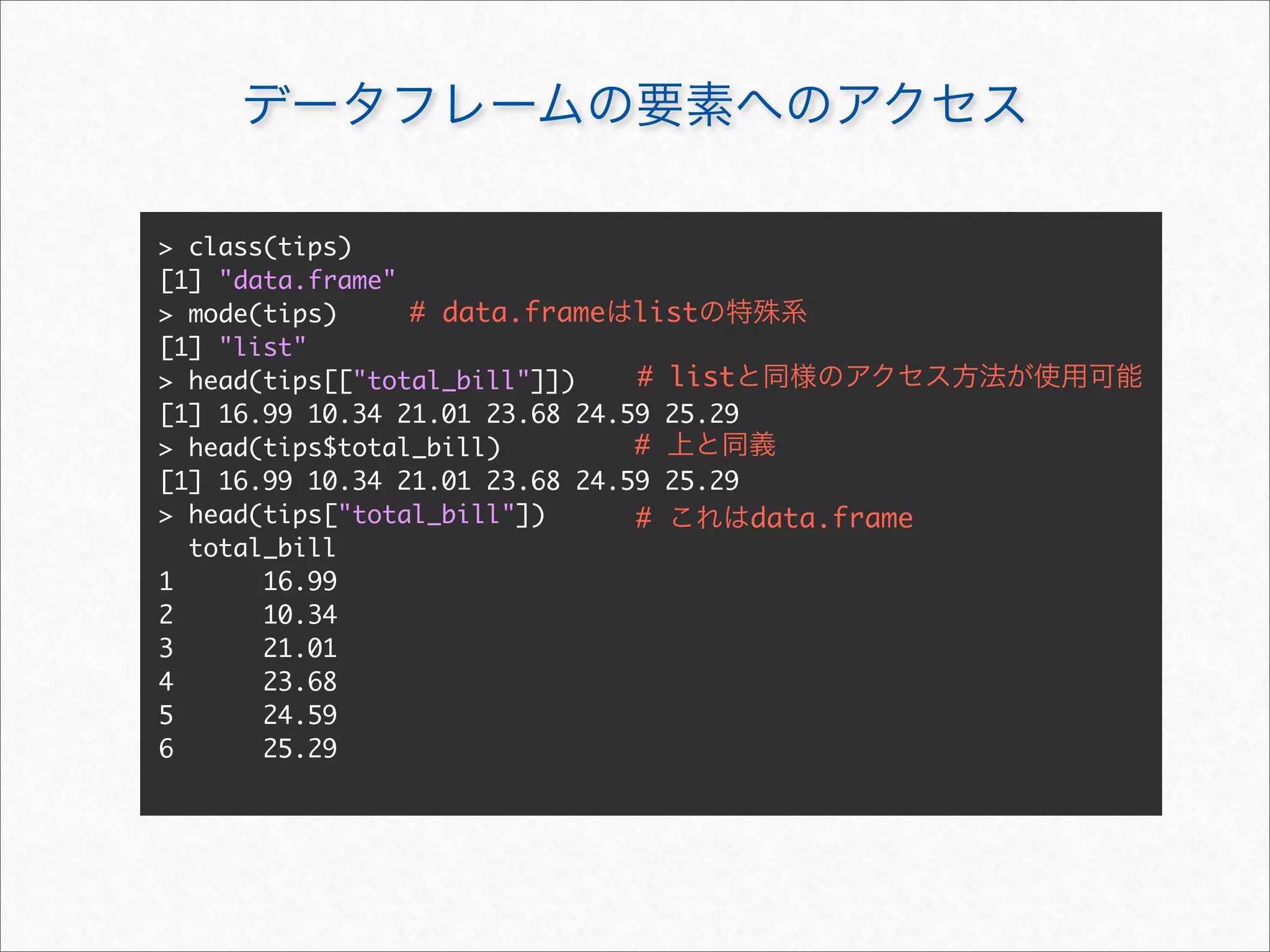 > class(tips)
[1] "data.frame"
> mode(tips)     # data.frame list
[1] "list"
> head(tips[["total_bill"]])    # list
[1] 16.99 10.34 21.01 23.68 24.59 25.29
> head(tips$total_bill)         #
[1] 16.99 10.34 21.01 23.68 24.59 25.29
> head(tips["total_bill"])      #       data.frame
  total_bill
1      16.99
2      10.34
3      21.01
4      23.68
5      24.59
6      25.29
 
