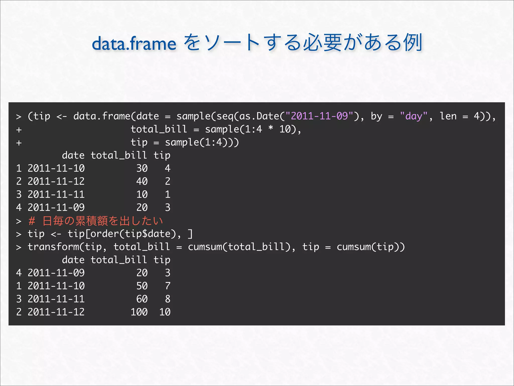 data.frame


> (tip <- data.frame(date = sample(seq(as.Date("2011-11-09"), by = "day", len = 4)),
+                   total_bill = sample(1:4 * 10),
+                   tip = sample(1:4)))
        date total_bill tip
1 2011-11-10         30   4
2 2011-11-12         40   2
3 2011-11-11         10   1
4 2011-11-09         20   3
> #
> tip <- tip[order(tip$date), ]
> transform(tip, total_bill = cumsum(total_bill), tip = cumsum(tip))
        date total_bill tip
4 2011-11-09         20   3
1 2011-11-10         50   7
3 2011-11-11         60   8
2 2011-11-12        100 10
 