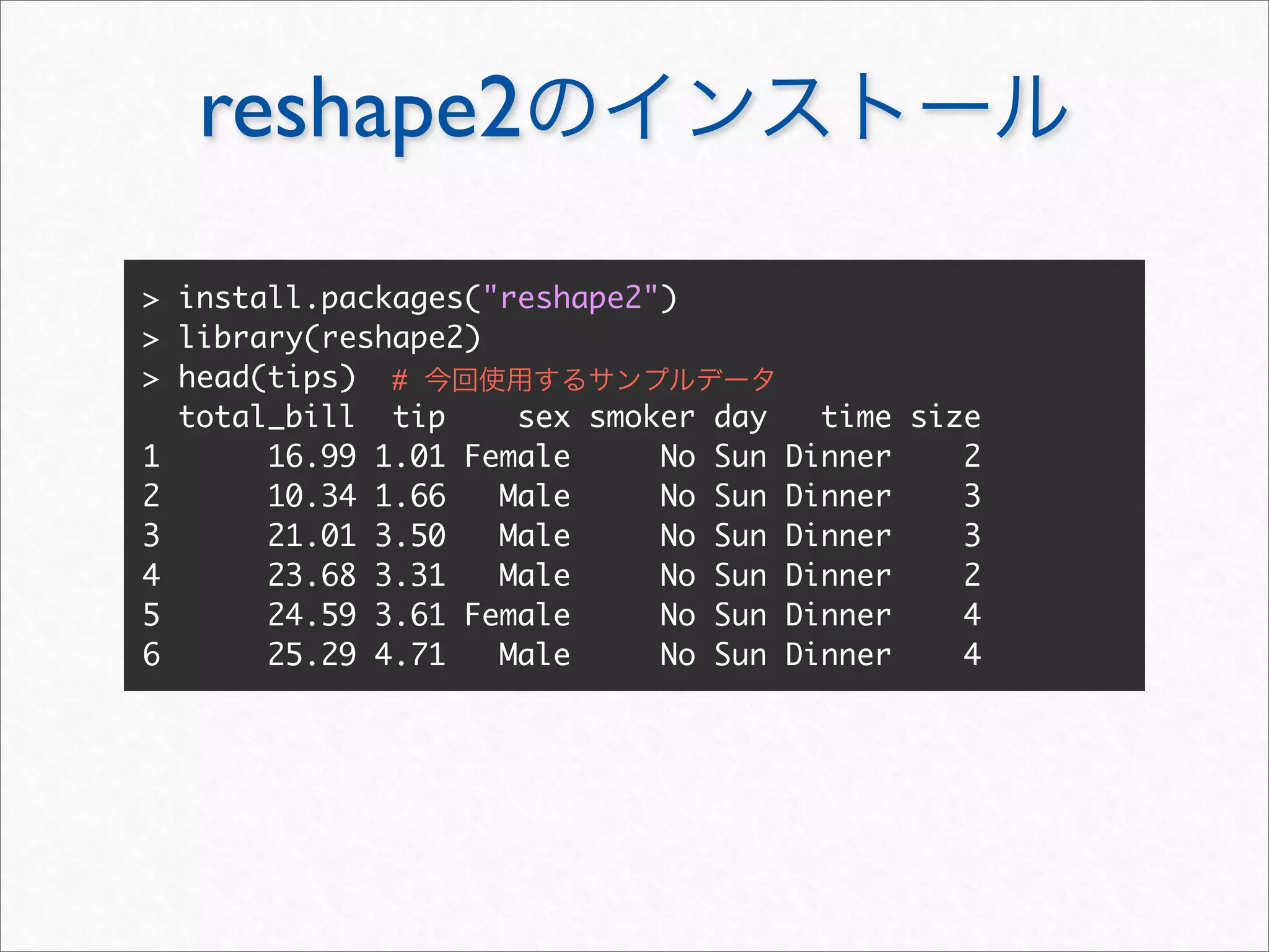 reshape2
> install.packages("reshape2")
> library(reshape2)
> head(tips) #
  total_bill tip     sex smoker   day     time size
1      16.99 1.01 Female     No   Sun   Dinner    2
2      10.34 1.66   Male     No   Sun   Dinner    3
3      21.01 3.50   Male     No   Sun   Dinner    3
4      23.68 3.31   Male     No   Sun   Dinner    2
5      24.59 3.61 Female     No   Sun   Dinner    4
6      25.29 4.71   Male     No   Sun   Dinner    4
 