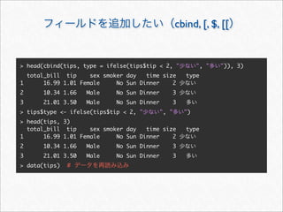 cbind, [, $, [[


> head(cbind(tips, type = ifelse(tips$tip < 2, "         ", "   ")), 3)
  total_bill tip     sex smoker day   time size     type
1      16.99 1.01 Female     No Sun Dinner    2
2      10.34 1.66   Male     No Sun Dinner      3
3      21.01 3.50   Male     No Sun Dinner      3
> tips$type <- ifelse(tips$tip < 2, "    ", "       ")
> head(tips, 3)
  total_bill tip     sex smoker day   time size     type
1      16.99 1.01 Female     No Sun Dinner    2
2      10.34 1.66   Male     No Sun Dinner      3
3      21.01 3.50   Male     No Sun Dinner      3
> data(tips)   #
 