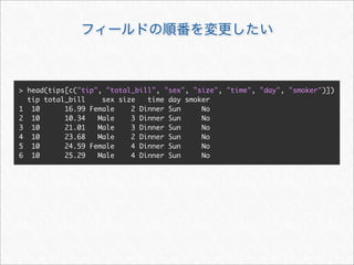 > head(tips[c("tip", "total_bill", "sex", "size", "time", "day", "smoker")])
  tip total_bill    sex size   time day smoker
1 10       16.99 Female    2 Dinner Sun     No
2 10       10.34   Male    3 Dinner Sun     No
3 10       21.01   Male    3 Dinner Sun     No
4 10       23.68   Male    2 Dinner Sun     No
5 10       24.59 Female    4 Dinner Sun     No
6 10       25.29   Male    4 Dinner Sun     No
 