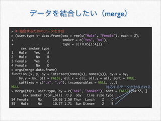 merge

> #
> (user.type <- data.frame(sex = rep(c("Male", "Female"), each = 2),
+                           smoker = c("Yes", "No"),
+                           type = LETTERS[1:4]))
      sex smoker type
1    Male    Yes    A
2    Male     No    B
3 Female     Yes    C
4 Female      No    D
> args(merge.data.frame)
function (x, y, by = intersect(names(x), names(y)), by.x = by,
     by.y = by, all = FALSE, all.x = all, all.y = all, sort = TRUE,
     suffixes = c(".x", ".y"), incomparables = NULL, ...)
NULL
> merge(tips, user.type, by = c("sex", "smoker"), sort = FALSE)[54:55, ]
       sex smoker total_bill tip day     time size type
54 Female      No      10.65 1.50 Thur Lunch      2   D
55    Male     No      10.27 1.71 Sun Dinner      2   B
 