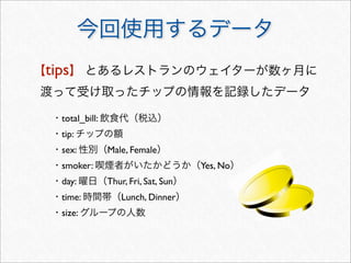 tips

  total_bill:
  tip:
  sex:          Male, Female
  smoker:                             Yes, No
  day:          Thur, Fri, Sat, Sun
  time:             Lunch, Dinner
  size:
 