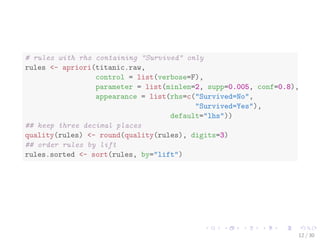 Outline 
Introduction 
Association Rule Mining 
Removing Redundancy 
Interpreting Rules 
Visualizing Association Rules 
Further Readings and Online Resources 
6 / 30 
 