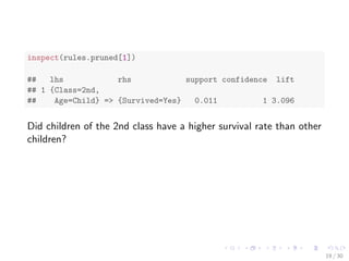 # rules with rhs containing "Survived" only 
rules <- apriori(titanic.raw, 
control = list(verbose=F), 
parameter = list(minlen=2, supp=0.005, conf=0.8), 
appearance = list(rhs=c("Survived=No", 
"Survived=Yes"), 
default="lhs")) 
## keep three decimal places 
quality(rules) <- round(quality(rules), digits=3) 
## order rules by lift 
rules.sorted <- sort(rules, by="lift") 
12 / 30 
 