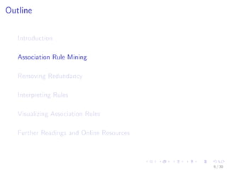 dence(A ) B) 
P(B) 
= 
P(A [ B) 
P(A)P(B) 
where P(A) is the percentage (or probability) of cases containing 
A. 
4 / 30 
 
