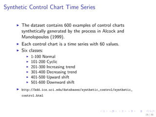 Synthetic Control Chart Time Series
The dataset contains 600 examples of control charts
synthetically generated by the process in Alcock and
Manolopoulos (1999).
Each control chart is a time series with 60 values.
Six classes:
1-100 Normal
101-200 Cyclic
201-300 Increasing trend
301-400 Decreasing trend
401-500 Upward shift
501-600 Downward shift
http://kdd.ics.uci.edu/databases/synthetic_control/synthetic_
control.html
19 / 39
 