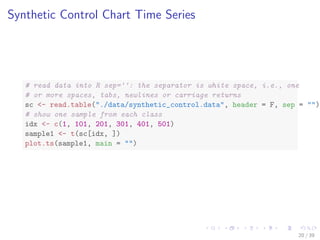 Synthetic Control Chart Time Series
# read data into R sep='': the separator is white space, i.e., one
# or more spaces, tabs, newlines or carriage returns
sc <- read.table("./data/synthetic_control.data", header = F, sep = "")
# show one sample from each class
idx <- c(1, 101, 201, 301, 401, 501)
sample1 <- t(sc[idx, ])
plot.ts(sample1, main = "")
20 / 39
 