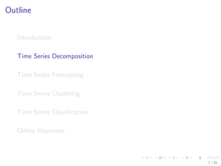 Outline
Introduction
Time Series Decomposition
Time Series Forecasting
Time Series Clustering
Time Series Classiﬁcation
Online Resources
7 / 39
 